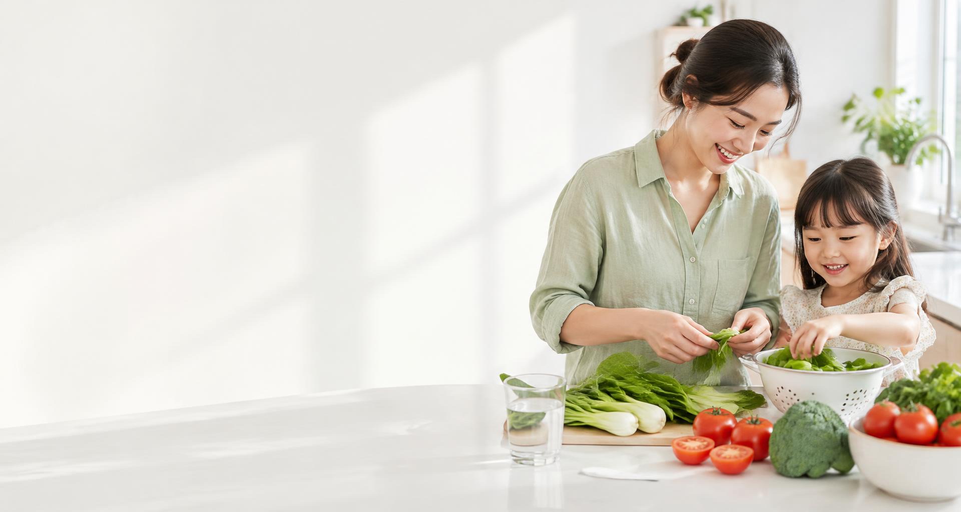 Mẹ và con cùng chuẩn bị rau xanh trong căn bếp gia đình